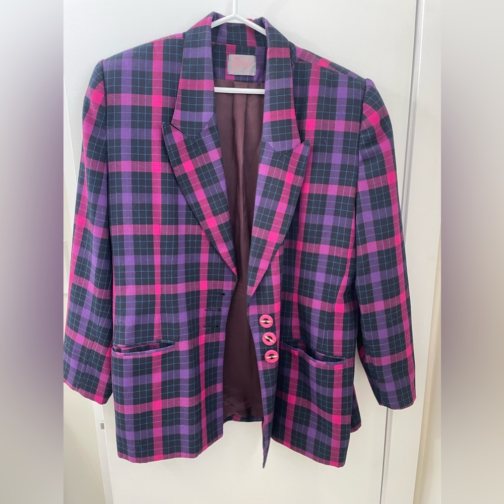 Pink and purple plaid blazer